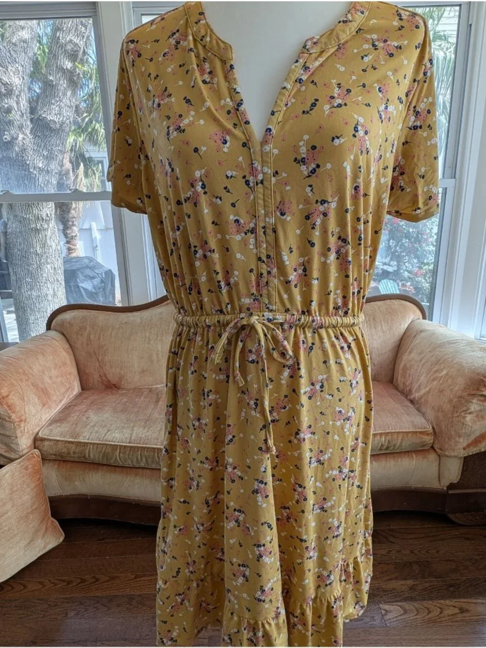 Yellow Floral V-neck Midi Dress Size M Short Sleeve Drawstring Waist Cottagecore